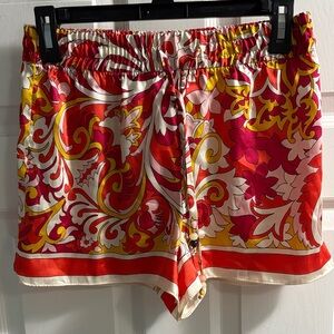 Zara Multicolor Printed Silk-Effect Shorts — Red, Pink & Yellow